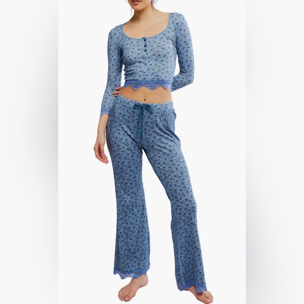 NWT Free People Stolen Dance Pajama Set • Denim Combo • Lace Trim • XS